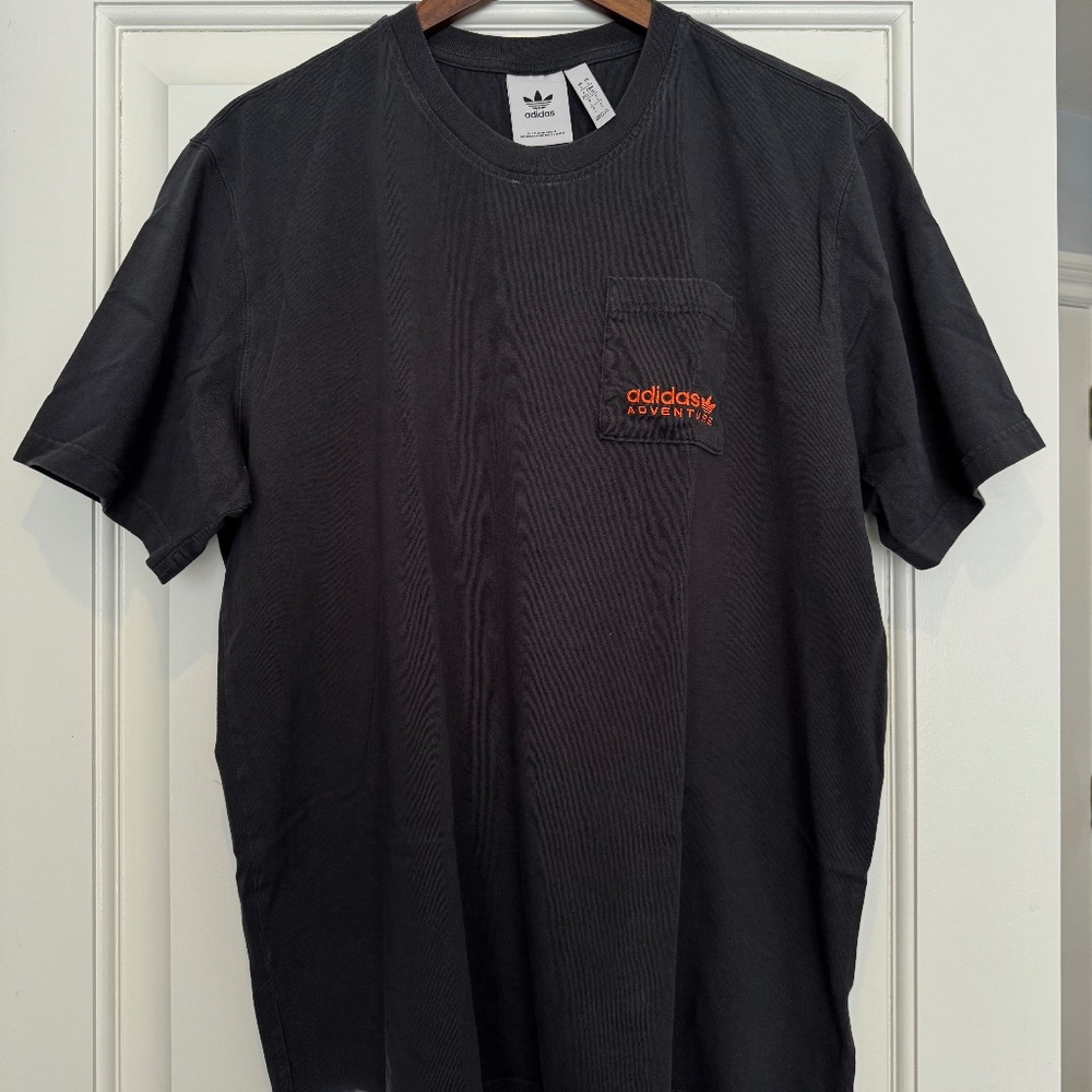 Charcoal Grey Adidas Graphic Tee with Embroidery on Chest Pocket - Picture 2 of 4